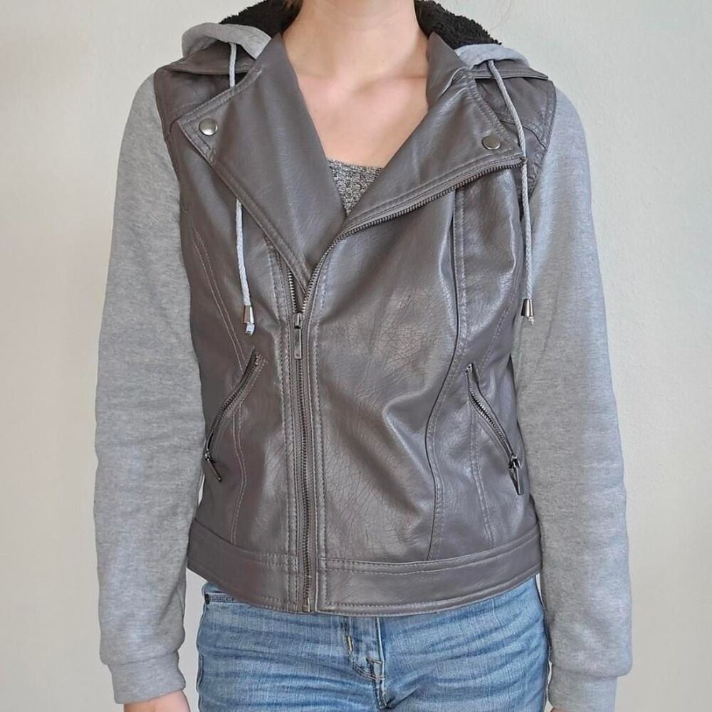 Y2K 2000s Faux Leather Baseball Style Zip Sherpa Lined Hooded Jacket Coat Medium